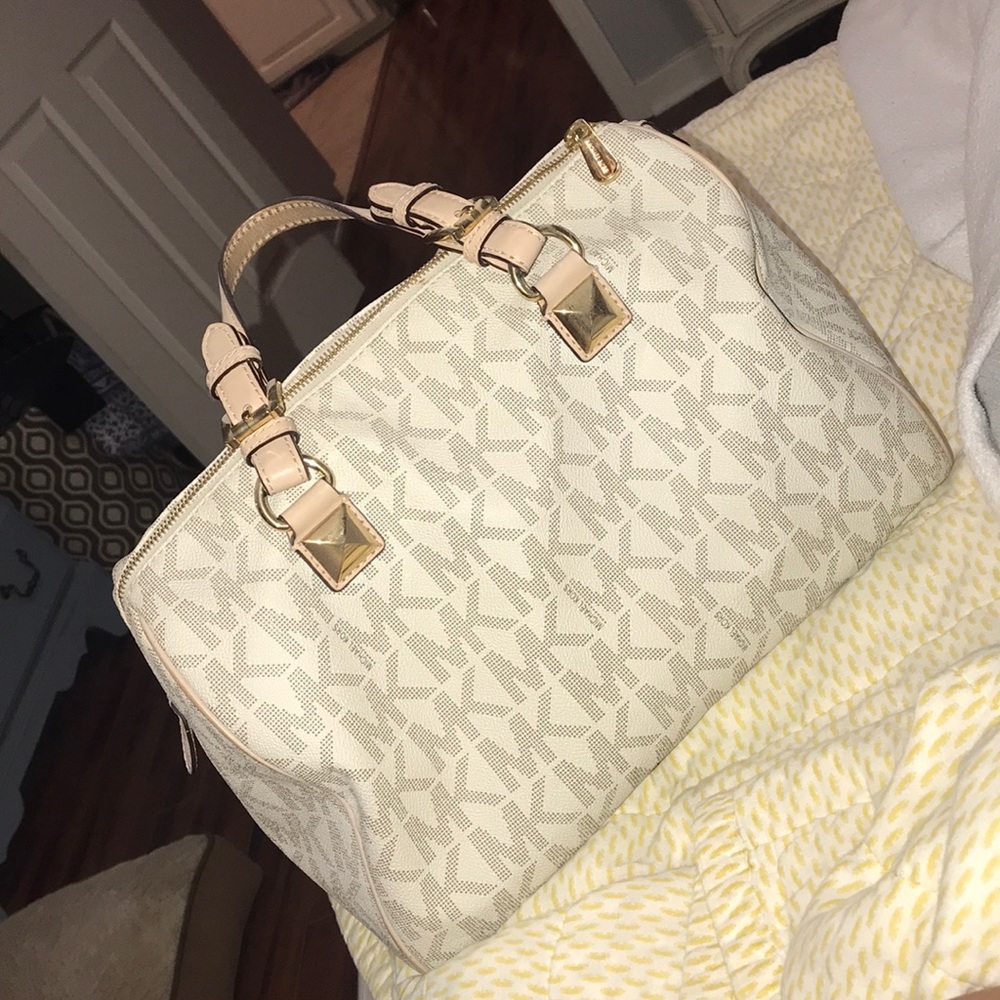 MICHAEL Michael Kors Cream Logo Satchel with Gold Hardware